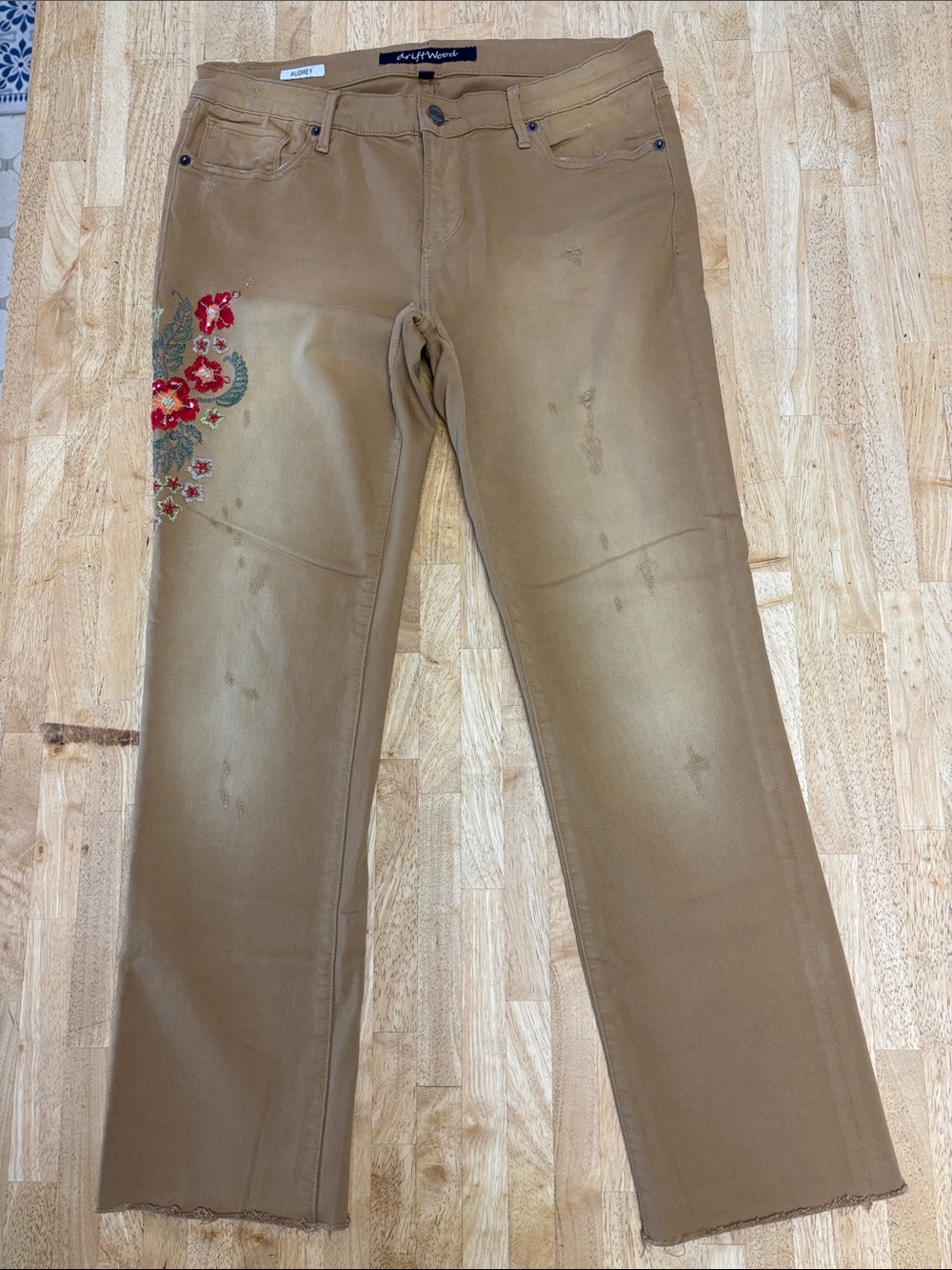 Driftwood Audrey Embroidered Straight Leg Jeans Tan Khaki Floral Boho Denim 30